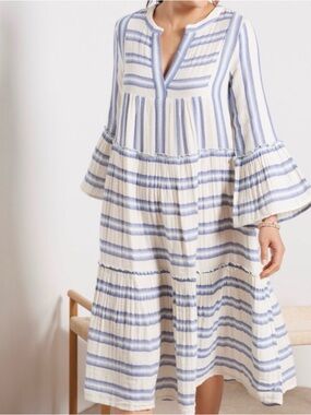Faherty Cream and Light Blue Striped Midi Dress